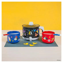 Mickey Mouse hot pot with lid and two ramen bowls in red and blue