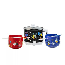 Mickey Mouse hot pot with lid and three ramen bowls, red and blue