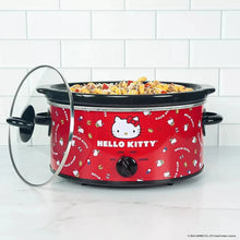 Hello Kitty 5-qt slow cooker with red patterned body, black base, and heat dial