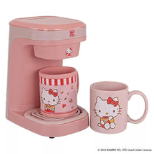 Pink single-cup coffee maker with Hello Kitty mug and second mug