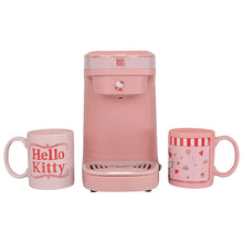 Pink Hello Kitty single-cup coffee maker with two matching mugs