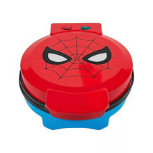 Spiderman waffle maker with red lid and web face graphic