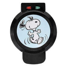 Black Snoopy waffle maker with round lid and colorful indicator lights
