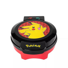 Pikachu-themed waffle maker with red base and black lid, round compact design
