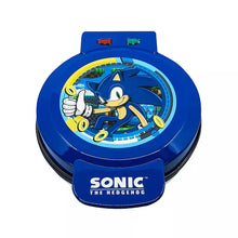 Blue Sonic waffle maker with round lid, character graphic and top handle