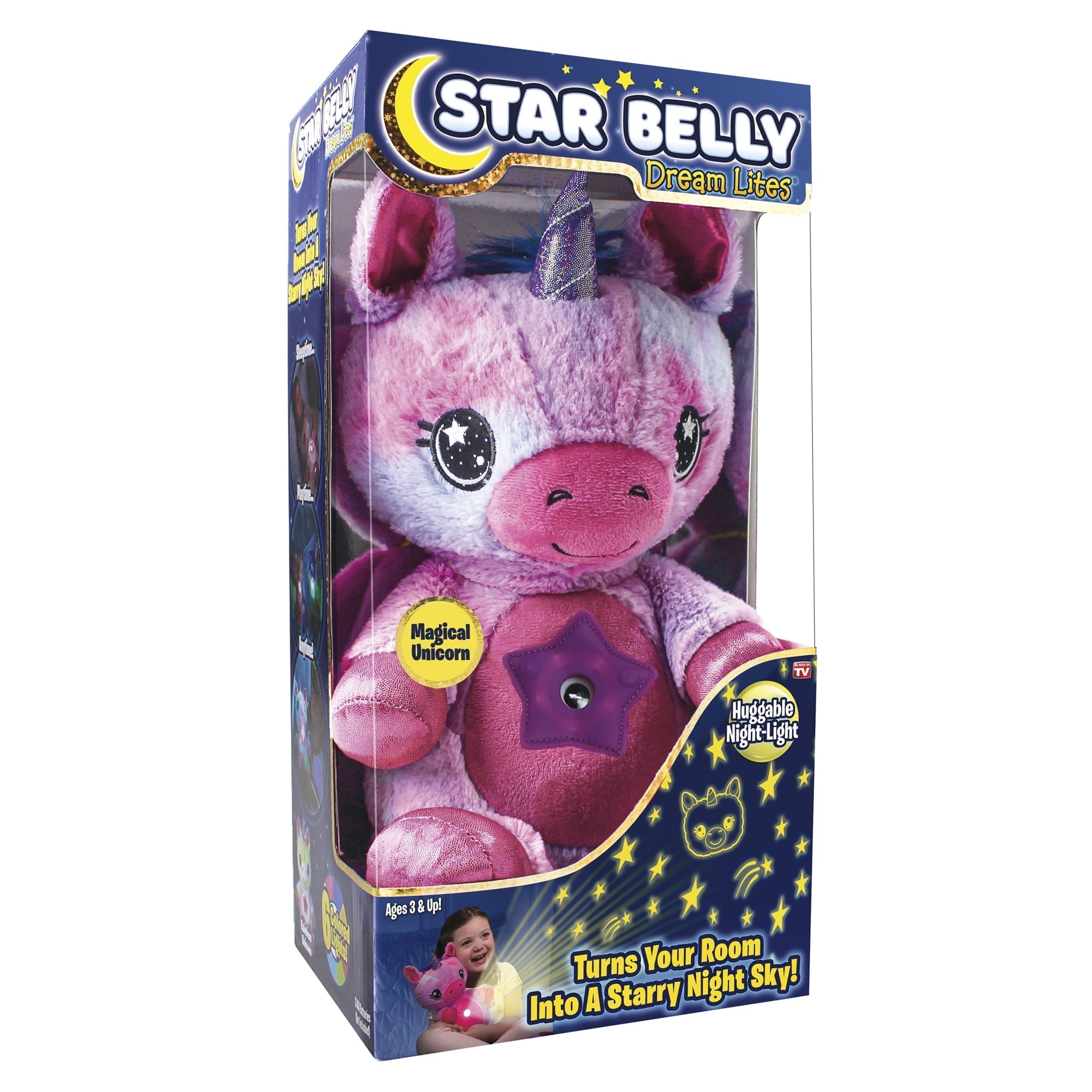 Pink unicorn huggable night light plush with star eyes and horn, in box