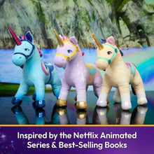 Set of four plush unicorn toys with colorful manes, horns, and bridles