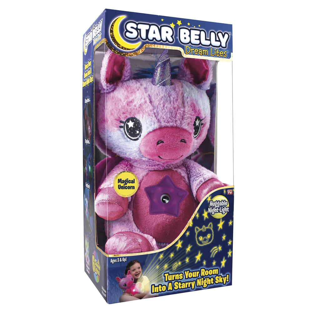 Pink unicorn huggable night light plush with star eyes and horn, in box