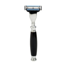 Black handle safety razor with blue cartridge and silver head, front view