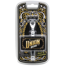 Shaving razor cartridge handle in blister pack with Union Razors branding