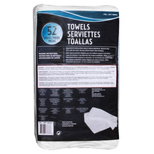 White cotton towel pack, back label view; 52-count towels, 14x17 in size