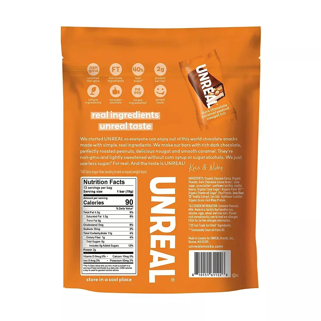 Unreal Dark Chocolate Caramel Peanut Nougat Bars, 13 ct.