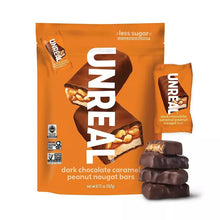 Dark chocolate caramel peanut nougat bar pack with wrapped bars and bag front