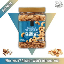 Unsalted whole cashews jar, clear container with whole cashews inside, 33 oz