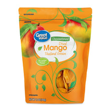Dried mango bag with unsweetened label, brand logo, and clear snack window