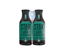 Stok Cold Brew Coffee bottles, teal and black labels, bold & smooth, two pack.