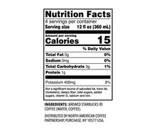 Nutrition Facts panel for brewed Starbucks coffee, 15 calories per 12 fl oz