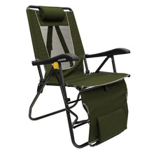 Adjustable folding camp lounger chair with loden green seat, headrest, and side storage pocket