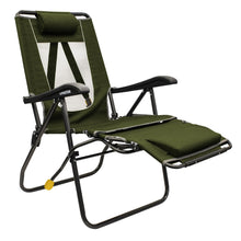 Adjustable folding camp lounger chair in heathered loden green with arm rests and foot support
