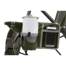 Folding camp lounger chair arm with loden green cup holder and zippered side organizer