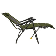 Adjustable folding recliner camp chair with heathered loden green cushion and leg extension