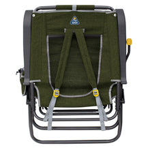 Folding camp lounger chair front view with loden green fabric, leg supports, and carry straps