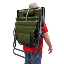 Folding camp lounger chair tilted on frame, heathered loden green fabric with side compartments