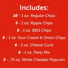 Includes list showing counts for 1 oz chips, ripple chips, BBQ chips, and popcorn