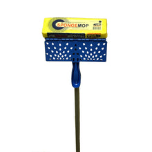 Cellulose sponge mop with blue dotted head, yellow sponge, and olive handle