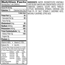 Nutrition Facts panel for vegetable juice in 1 can (340 mL)