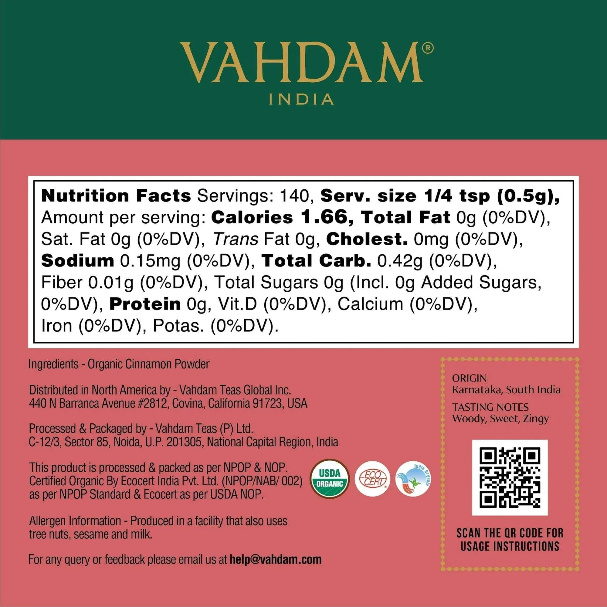 VAHDAM, Organic Cinnamon Powder (2.47oz) Gluten-Free, Raw Ground Cinnamon, Direct from Source