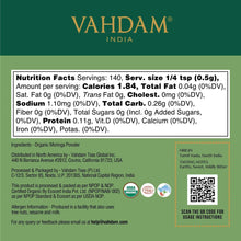 Moringa powder nutrition facts panel on VAHDAM jar label