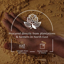 Brown soil in hands with VAHDAM emblem