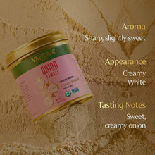 Organic onion powder can on powder, pink label and green lid