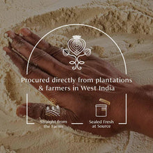 Organic onion powder label graphic over hands in ground spice powder