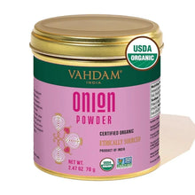 Organic onion powder can with green lid and pink label