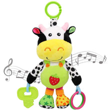 Baby cow hanging stroller toy with loop handle, teether, and dangling ring