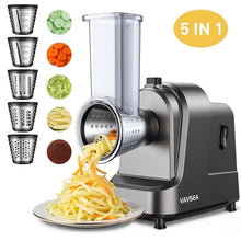 Electric cheese grater with transparent hopper, stainless shredding drum, and blade cups.