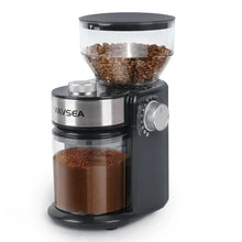 VAVSEA electric coffee grinder with clear bean hopper, metal grind plate, black body