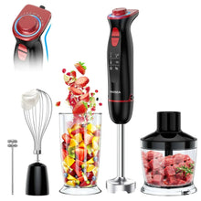 Red-and-black immersion blender with whisk and chopper accessories