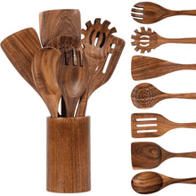 Wooden cooking utensil set of 8 spoons in a wooden holder