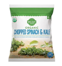 Frozen organic chopped spinach and kale, 4 lb resealable bag.
