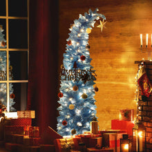 Blue pre-lit slim Christmas tree with crooked neck and star topper, LED lights