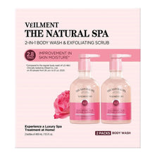 2-pack body wash and exfoliating scrub set with pink bottles shown in product box