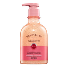 Pink body wash bottle with pump, labeled hyaluronic acid retinol essence