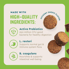 VETIQ probiotic soft chews with hickory smoke flavor, shown as round brown pieces