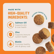 Dog skin and coat soft chew pouch with round brown treats shown on the front