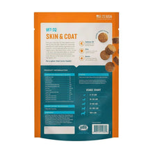 Dog skin and coat soft chew pouch, orange and teal with printed product details