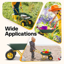 Kids wheelbarrow cart with wide green bin, yellow frame, and two large outdoor wheels