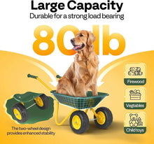 Kids wheelbarrow cart with green bin and yellow frame, shown with a seated dog model